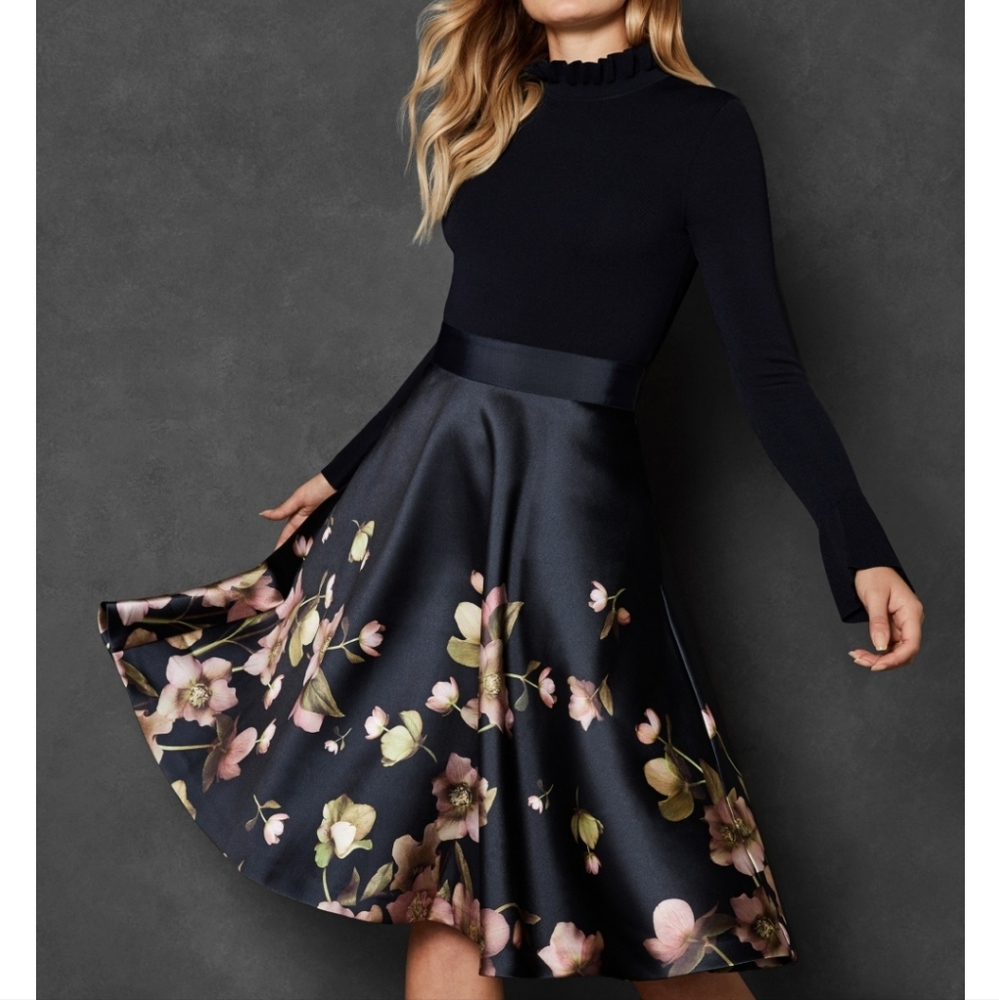 🍒NWT🍒 TED BAKER NAVY FIT & FLARE DRESS - Picture 1 of 14